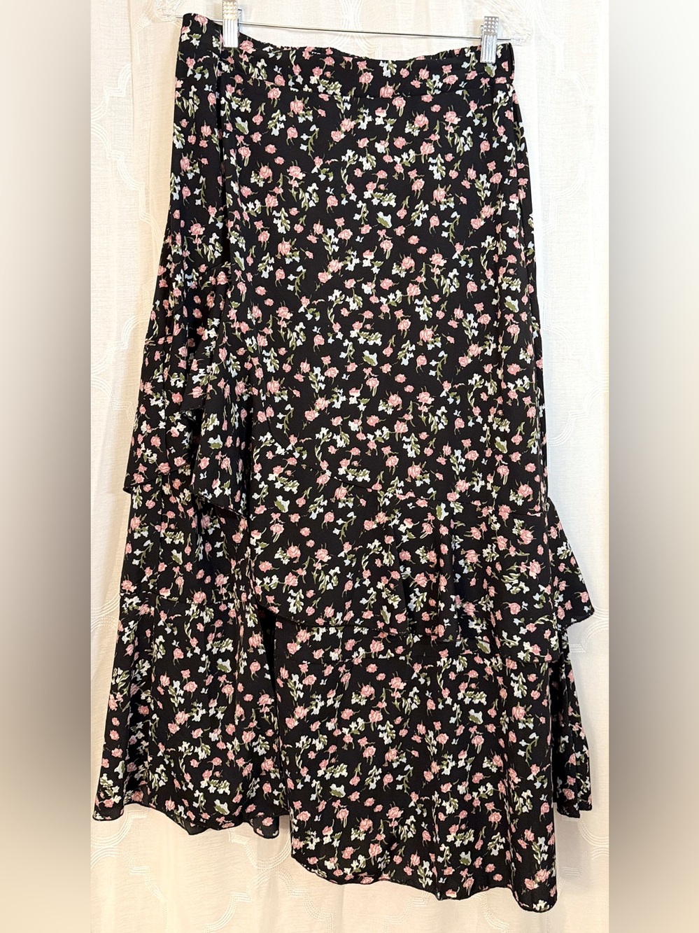 BTFBM Black Floral Wrap Midi Skirt Ruffle Hem Boho Romantic Size Large - Picture 13 of 13
